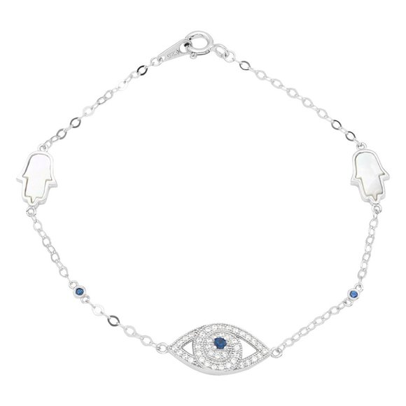 Sterling Silver 925 CZ Evil Eye and Mother of Pearl Hamsa Bracelet